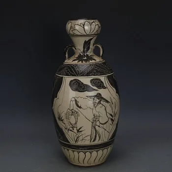 Antikvariniai SongDynasty Cizhou krosnies juoda spalva graviruotas porceliano česnakai butelis,Namų Puošybai surinkimo ir adornment1903