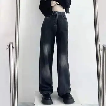Džinsai Moterims Derliaus Pločio Kojų Kelnės Mados Džinsinio audinio Kasdien Visas rungtynes, Naujas Panelled Rudenį Preppy Stilius Harajuku Streetwear Kelnės