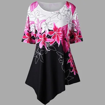 Moterų marškinėliai Vasaros 3D Gėlių Spausdinti Trumpą Suknelę Ponios Nereguliarus Hem Atsitiktinis Bohemijos Trumpas Rankovės Paplūdimio Mini Suknelė